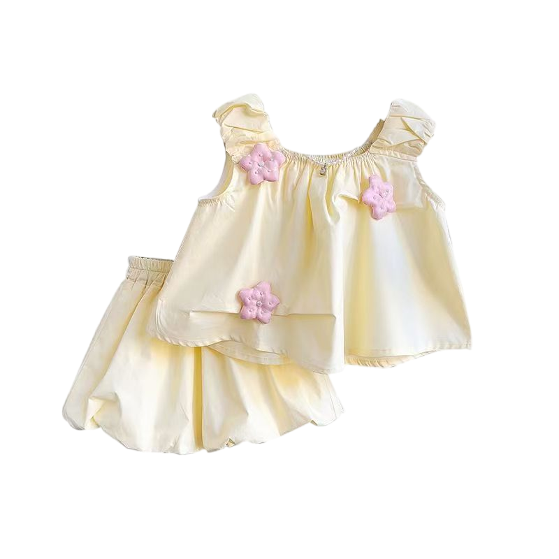 Girls' Sleeveless 3D Flower Bubble Set – Cute Summer New Arrival