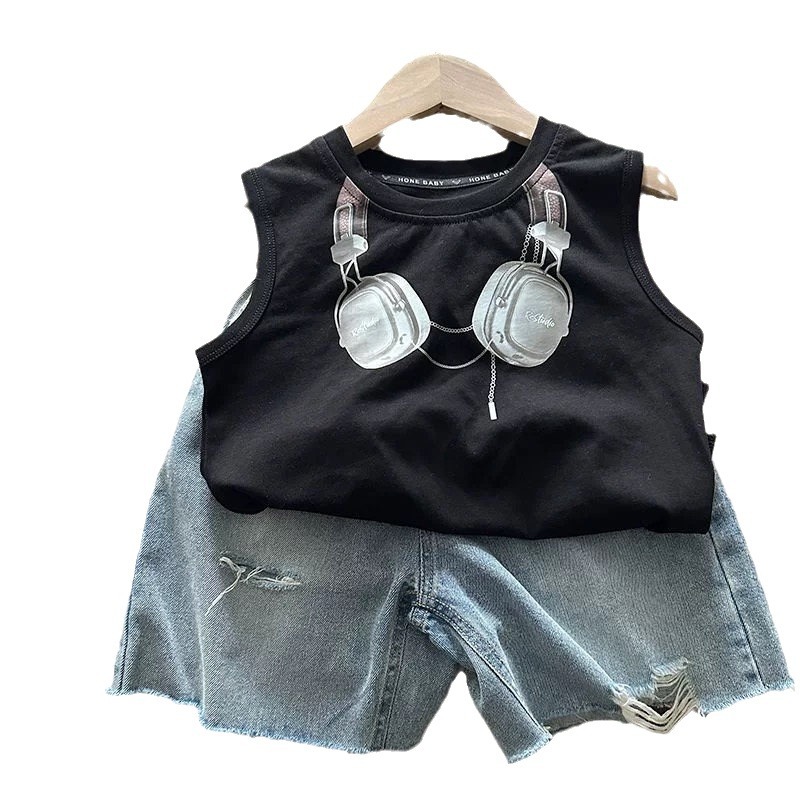 Boys’ Sleeveless T-Shirt with Cartoon Headphone Print | 100% Cotton Casual Baby Tee